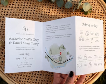 Black and white folded wedding invite, concertina invitation, minimalist monogram