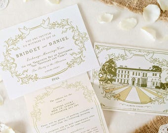 Antique Gold Wedding Invitation - handmade with pull out insert - personalised with optional venue illustration Bridget Regency Style