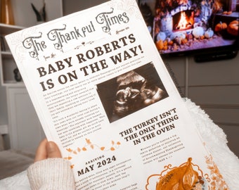 Thanksgiving Pregnancy Announcement Newspaper, PDF Template, Print at Home Newspaper Cover, Mobile Edit with Corjl