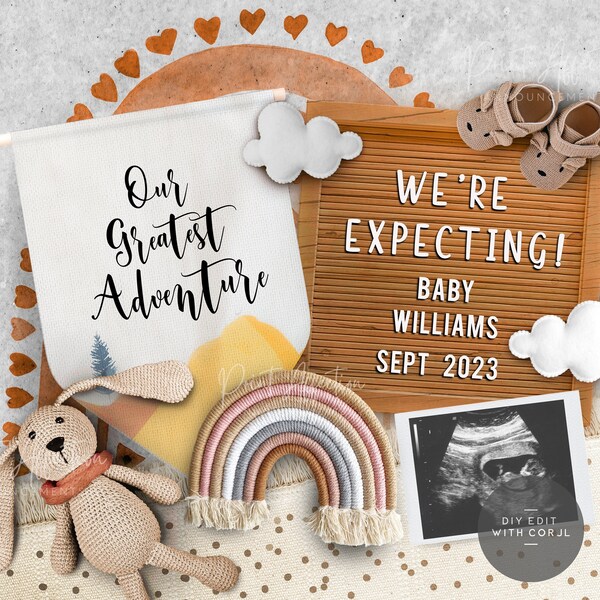 Our Greatest Adventure Pregnancy Announcement Digital Editable Baby Announcement Rainbow