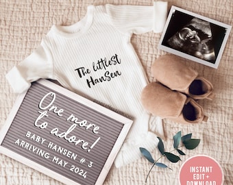 Second baby pregnancy announcement photo. Neutral digital pregnancy announcement template you can personalize and download instantly.