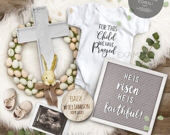 Easter Pregnancy Announcement, Digital Christian Pregnancy Announcement, Pregnancy Announcement Flat Lay, For this child we have prayed