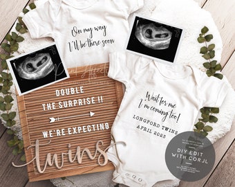 Twin Pregnancy Announcement Digital, Gender Neutral Pregnancy Announcement for Twins, DIY Editable