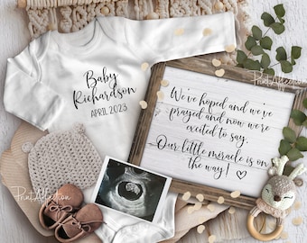 Digital pregnancy announcement with rustic wooden board, farmhouse style pregnancy announcement.