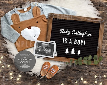 It's a Boy, Editable Woodland Bear Theme Pregnancy Announcement Gender Reveal Social Media Announcement YOU EDIT