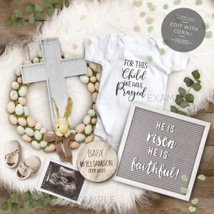 Easter Pregnancy Announcement, Digital Christian Pregnancy Announcement, Pregnancy Announcement Flat Lay, For this child we have prayed