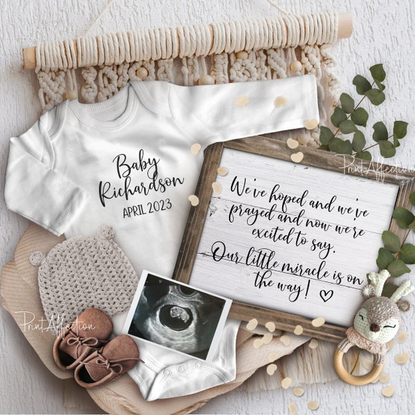 Digital pregnancy announcement with rustic wooden board, farmhouse style pregnancy announcement.