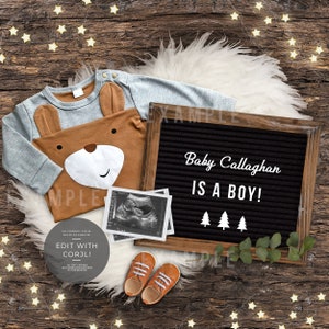 It's a Boy, Editable Woodland Bear Theme Pregnancy Announcement Gender Reveal Social Media Announcement YOU EDIT