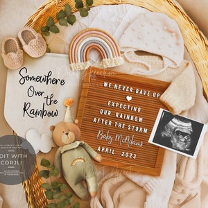 Rainbow Baby Pregnancy Announcement, Digital Pregnancy Announcement Instant for Social Media, EDITABLE, Baby Basket