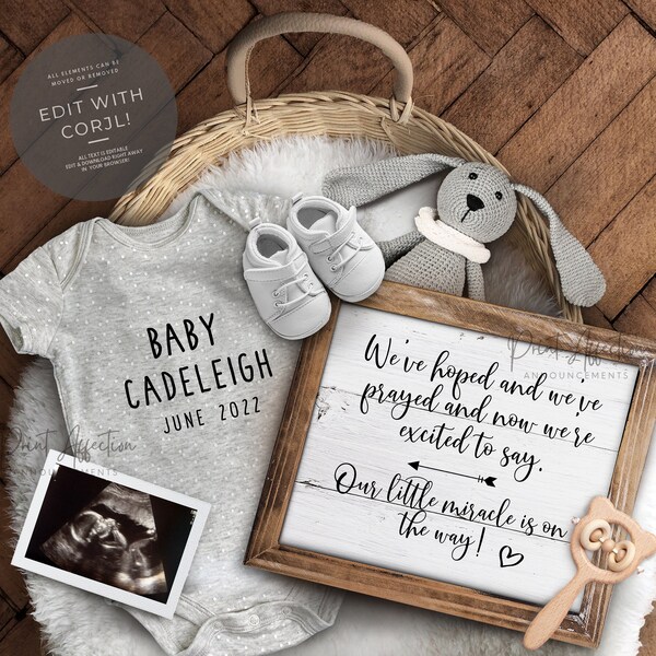 Digital pregnancy announcement, grey with rustic wooden board, farmhouse style pregnancy announcement, YOU EDIT.