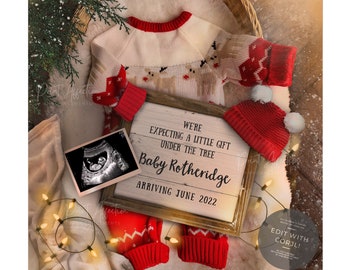 Editable Digital Christmas Pregnancy Announcement for Social Media YOU EDIT, Under the Tree