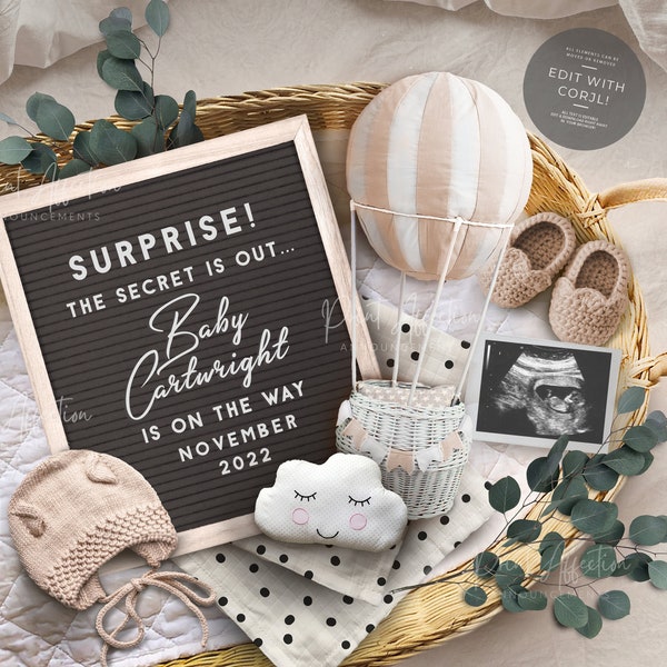 Digital pregnancy announcement, Editable neutral pregnancy announcement, Beige Air Balloon, Dark Letter Board Announcement