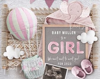 It's a Girl, Digital Gender Reveal Announcement with Letterboard and Baby Girl items. Editable Image to print and share on social media.