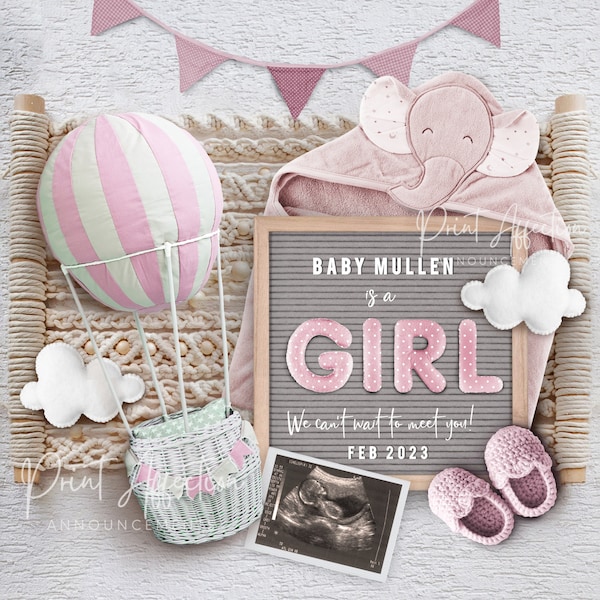 It's a Girl, Digital Gender Reveal Announcement with Letterboard and Baby Girl items. Editable Image to print and share on social media.