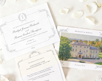 Romantic Vintage Calligraphy pull out wedding invitation- personalised with venue illustration - Floral ornate heritage style