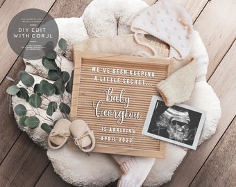 Winter Pregnancy Announcement for Social Media,  Neutral Baby Announcement with wooden letterboard design.