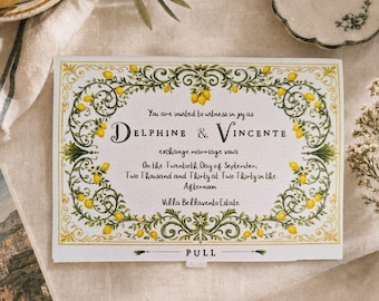 Italian Rustic Wedding Invitation – Whimsy Handwritten Amalfi Lemon Themed Watercolour Invite, Pull Out Details Page (A6)