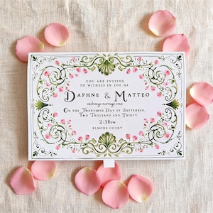 May include: A rectangular wedding invitation card with a white background, featuring a green scrollwork border decorated with small pink rosebuds. The text reads: You are invited to witness in joy as Daphne & Matteo exchange marriage vows on the twentieth day of September, two thousand and thirty, 2:30pm, Elmore Court.