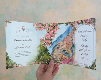 Positano wedding invitation, z-fold concertina italian theme wedding invite