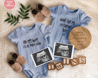 Twin Boy Gender Reveal Pregnancy Announcement Digital,  Twin Boys, Pregnancy Announcement for Twins, DIY Editable