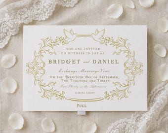 Romantic Antique Gold Wedding Invitation - handmade with pull out insert - personalised with venue illustration Bridget Regency Style