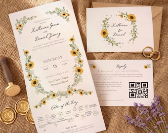 Sunflower theme folded wedding invitation - 300gsm thick watercolour textured paper  - whimsy spring cottage core style concertina invite