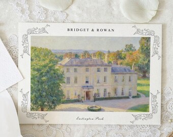 Romantic Vintage Calligraphy pull out wedding invitation- personalised with venue illustration - Floral ornate heritage style