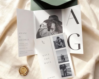 printed gatefold photo strip save the date, 3 way black and white gatefold photographic wedding invitation