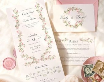 Light pink antique style floral folded wedding invitation, 3 fold concertina invite