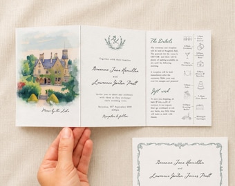 wedding venue invitation, z-fold concertina illustrated wedding invite