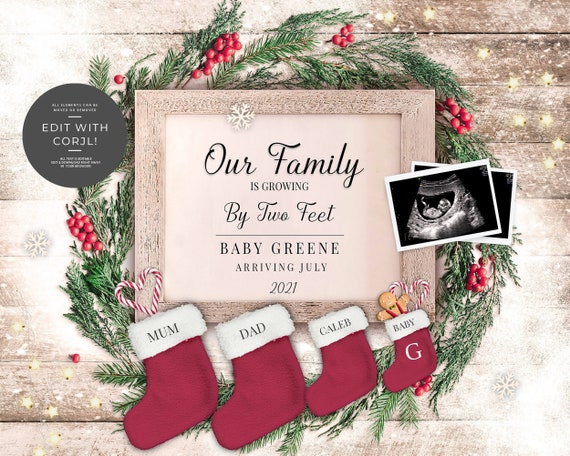 Editable Digital Family Christmas Pregnancy Announcement for