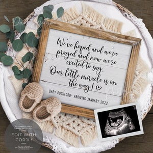 Digital pregnancy announcement with rustic wooden board, farmhouse style pregnancy announcement.