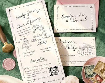 handwritten wedding invitation, black and white folded concertina invite