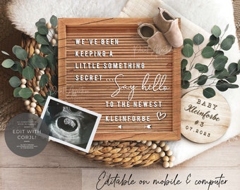 Neutral Pregnancy Announcement with wood letter board design, Digital instant announcement for Social Media, YOU EDIT