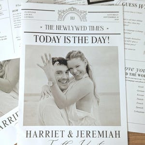 May include: A monochrome wedding newspaper with the headline "TODAY IS THE DAY!" and a photo of a smiling couple. The newspaper is titled "THE NEWLYWED TIMES" and includes the names "HARRIET & JEREMIAH" with the phrase "Tie the Knot".
