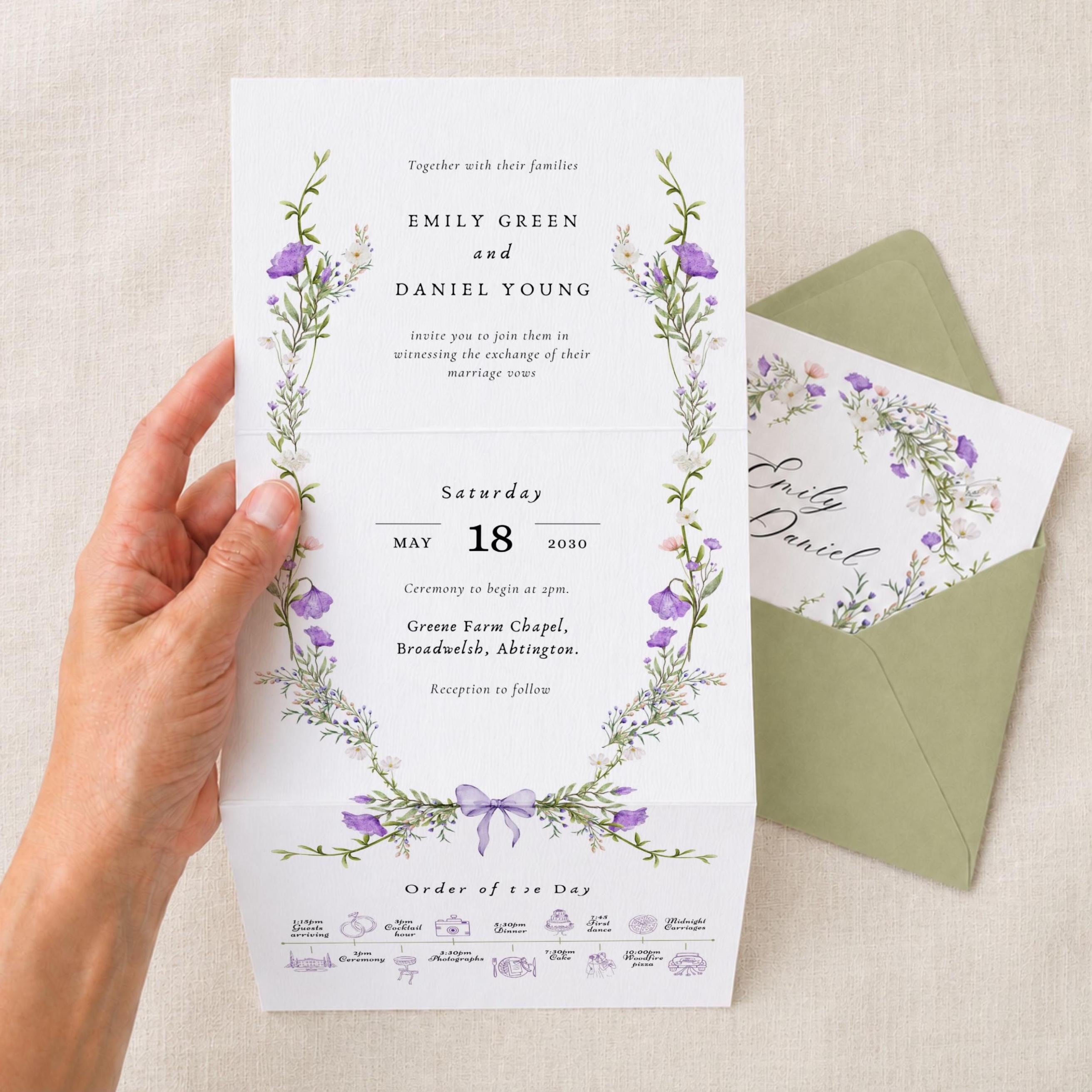 Lavender Purple Folded Wedding Invitation – A6 Trifold - Romantic