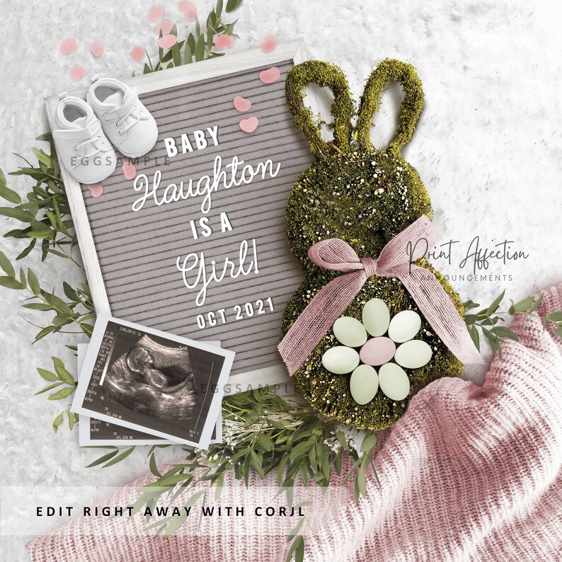 Digital Easter Gender Reveal Pregnancy Announcement Editable By You Editable Digital Pregnancy Announcement It/'s a Girl Announcement