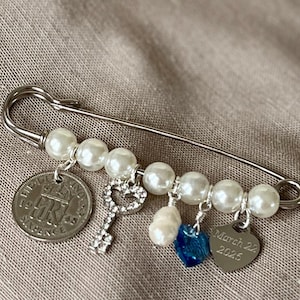 Personalised Wedding Keepsake Pin: Something Old New Borrowed Blue, Lucky Sixpence