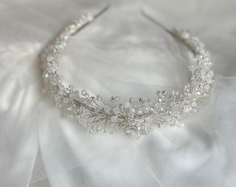 Sparkling bridal Hair Band Tiara Full design Clear & Opal Crystals, Wide Silvery arching hair accessory for brides, bridesmaid Hair piece