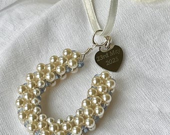 Bridal Bouquet Charm: Lucky Horseshoe, Pearls & Crystals, Something Blue