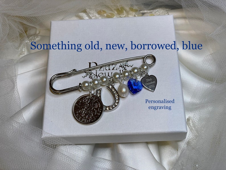 Wedding Keepsake, Personalised, Traditional, Something Old, New, Borrowed, Blue, Lucky horseshoe, Sixpence, Natural Pearl, Gift for Bride Horseshoe charm