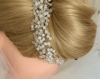 Sparkling bridal Hair Vine flexible hair design Clear & Opal Crystals, Wide Silvery arching hair accessory for brides, bridesmaid Hair piece