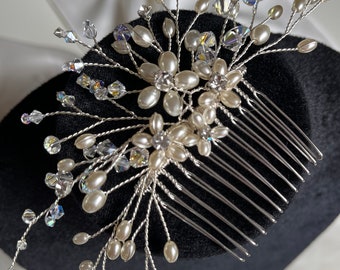 Bridal Comb Premium Pearls & Crystals, delicate sparkling Wedding Hair comb design with  diamanté flowers Hand made in the UK