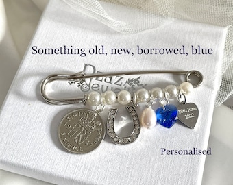 Wedding Keepsake, Personalised, Traditional, Something Old, New, Borrowed, Blue, Lucky horseshoe, Sixpence, Natural Pearl, Gift for Bride