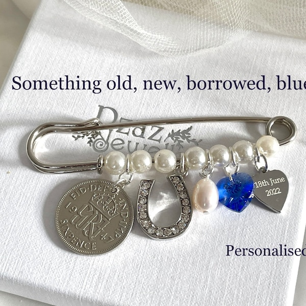 Wedding Keepsake, Personalised, Traditional, Something Old, New, Borrowed, Blue, Lucky horseshoe, Sixpence, Natural Pearl, Gift for Bride