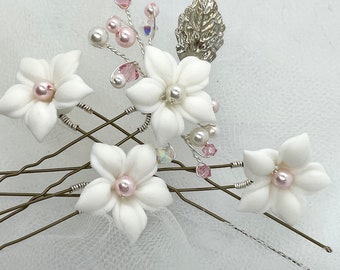 Floral/Pearl Hair Pins for Bride Bridesmaid Coloured Crystal accents  diamantés clay Flowers Ivory Pearls Hair Accessories for Wedding