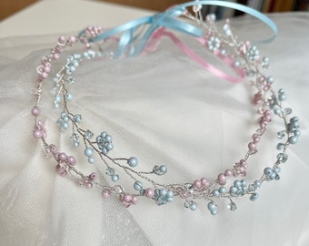 Flower girls Daisy Crystal/Pearl Hair Vine Wedding hair accessory Pastel Pink Blue Flower Vine Bridesmaid hair circlet