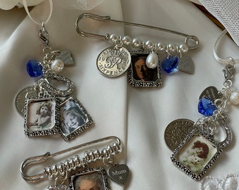 Bridal Bouquet Charms - Memorial Frame Charm, Remember your loved ones, Lucky Horseshoe, Sixpence, Wedding Charm, Gift for Bride