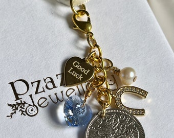 Gold Wedding Bouquet Charm -Good Luck horseshoe charm, Lucky Sixpence,  Natural Pearl, Something Blue, Traditional keepsake gift for bride