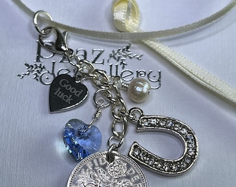 Silver Wedding Bouquet Charm -Good Luck horseshoe, Lucky Sixpence,  Natural Pearl, Something Blue, Traditional keepsake gift for bride